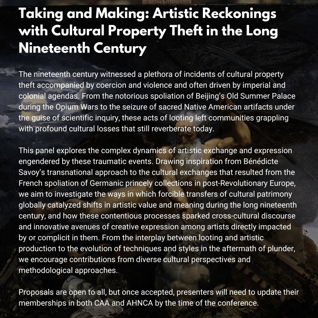 Reminder! Abstracts accepted until August 29 for
Taking and Making: Artistic Reckonings with Cultural Property Theft in the Long Nineteenth Century at tinyurl.com/takingmaking19
#caavisual