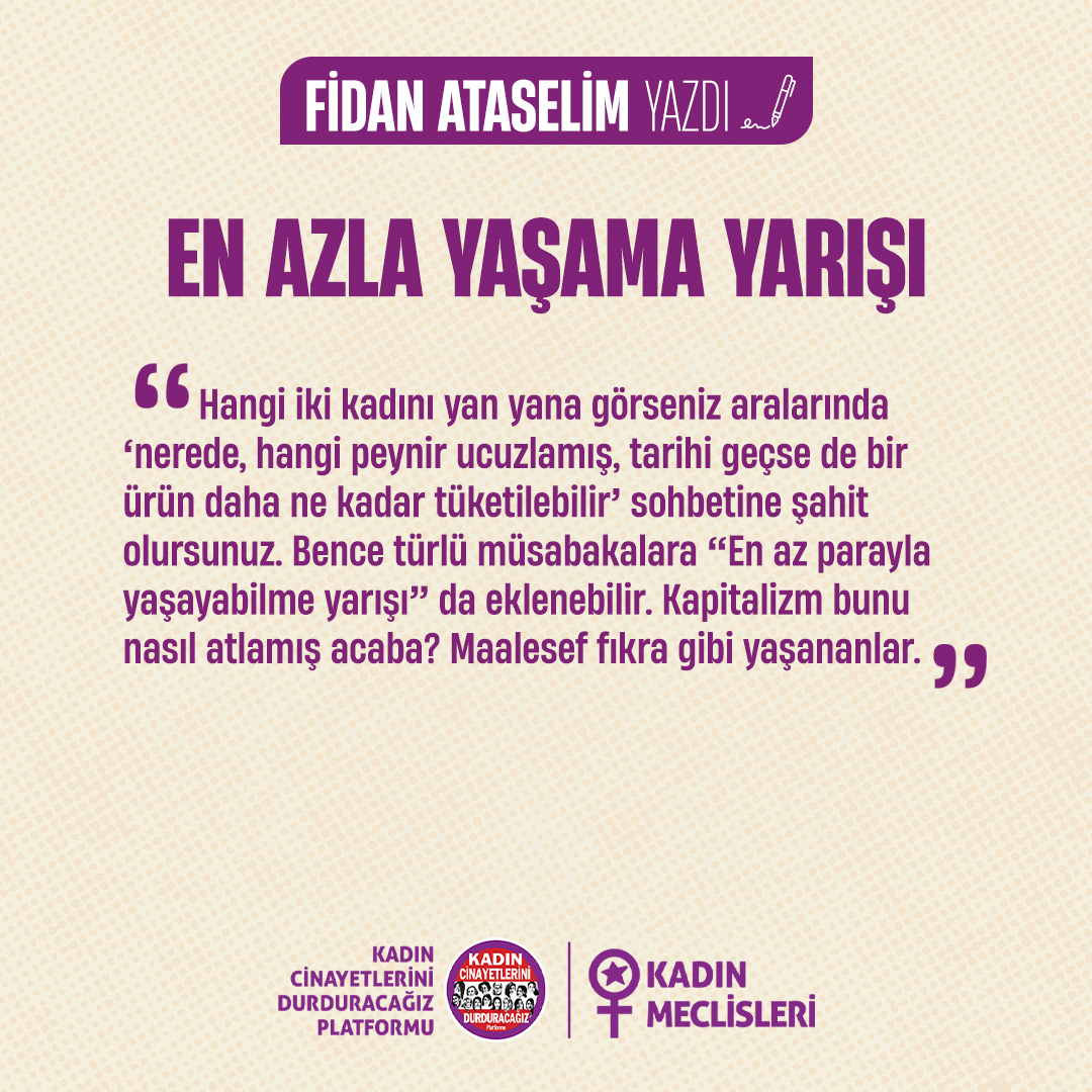 ✏Genel Sekreterimiz Fidan Ataselim yazdı I En azla yaşama yarışı

Temmuz’da zam gelmedi. Emekçiler üç kuruşu yetiremiyor, borç üstüne borç biniyor. Emeklilere müjde verdiler; şezlongları ücretsiz kullanabileceklermiş.

Şezlongların, binaların, bol bol betonun yenmeyeceğini onlar