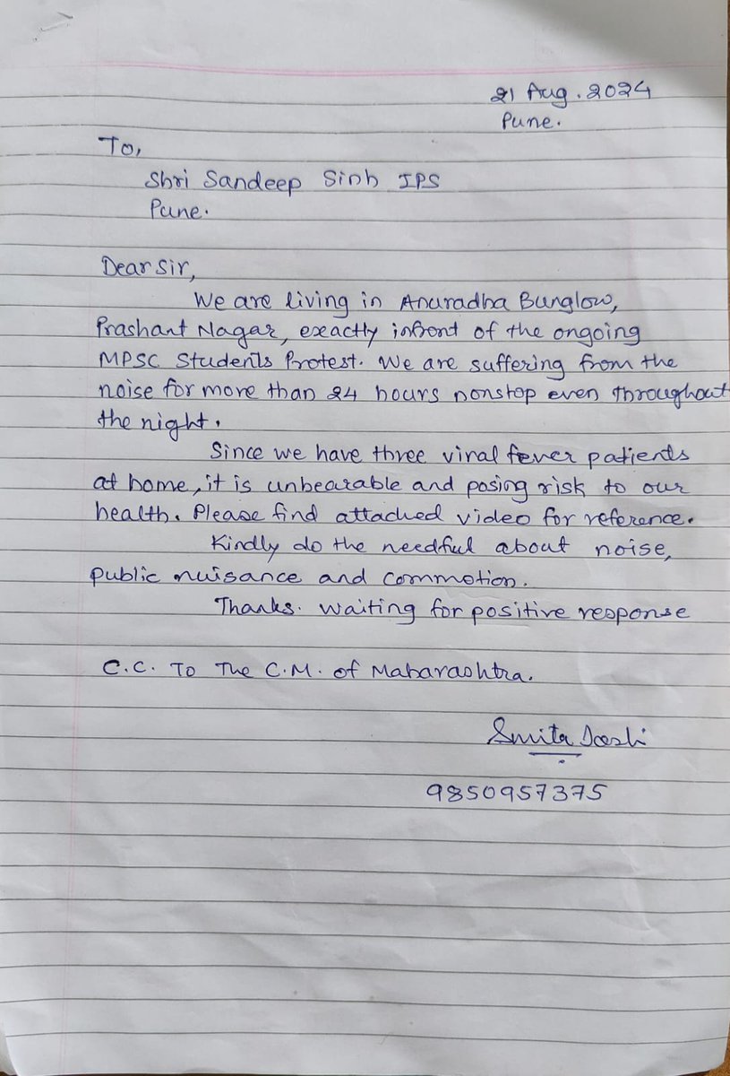 saurabhj93's tweet photo. @CMOMaharashtra @mieknathshinde @CPPuneCity @DGPMaharashtra 

Sir, we reside in front of the ongoing #MPSC_आंदोलन and suffering from the noise and public nuisance for >24hr. We have patients at home and this ruckus is causing a risk to our health. Please help https://t.co/qZt8k6VxmL
