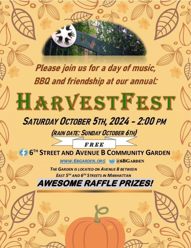 6BGarden's tweet photo. Save the date for 6&amp;B’s 2024 HARVEST FEST: Sat. October 5th at 2pm (raindate Oct. 6th) 🌽 As always, there will be music, food and raffle prizes 🎶 Hope to see you there + thanks for helping us spread the word! 🌾 https://t.co/wNFPFnbxRb