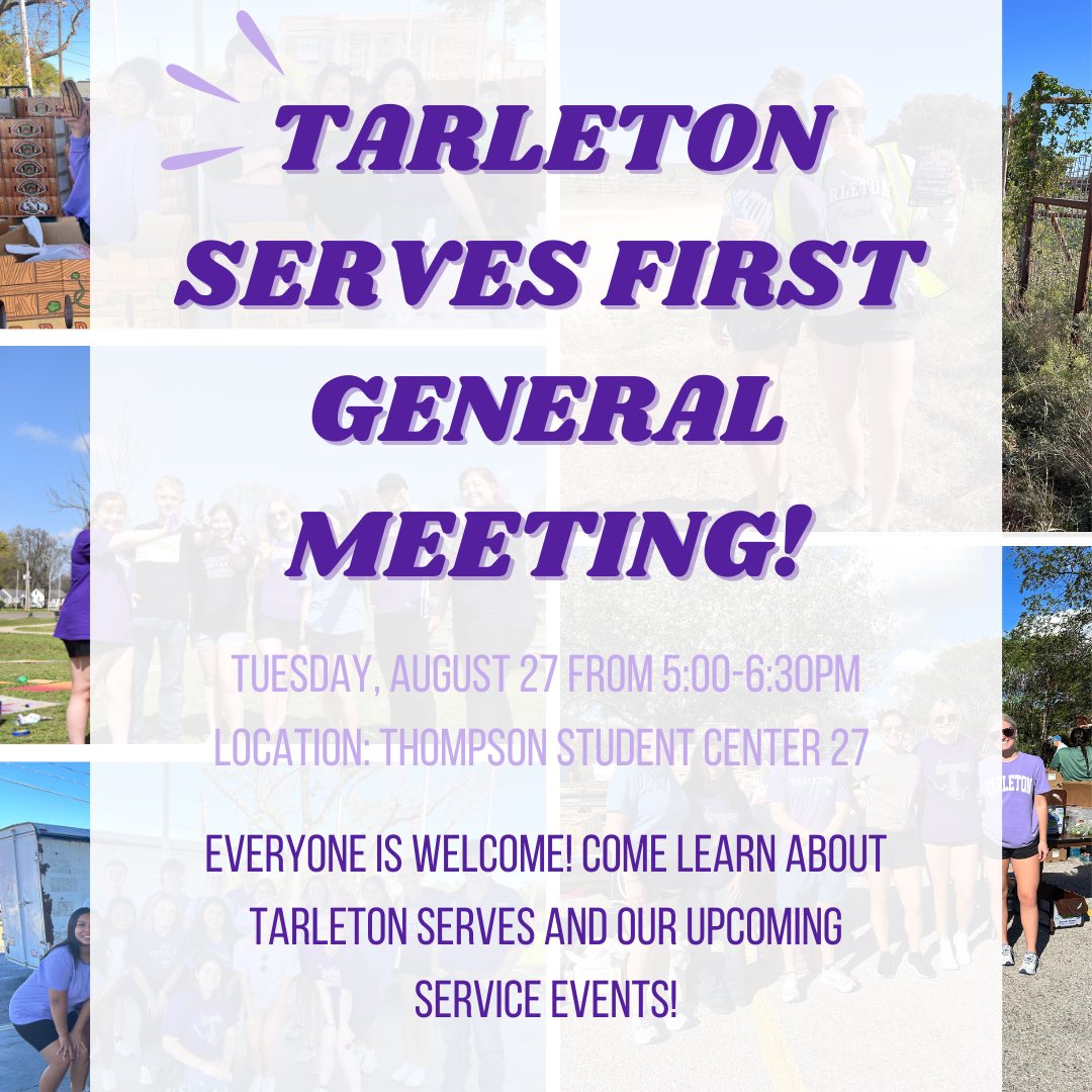 OUR FIRST GENERAL MEETING OF THE SEMESTER is happening NEXT TUESDAY!!! Come out to learn about Tarleton Serves, how you can get involved, and our upcoming service events! 🤩🤩🤩