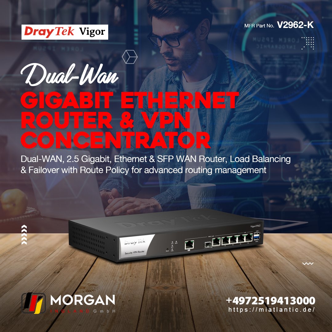 morganingland_'s tweet image. ✨ Draytek Vigor 2962 wired router 2.5 Gigabit Ethernet Black, White

Contact Us: 👇👇👇
📧 info@miatlantic.de
📞 +49 725 1941 3000

🔗 miatlantic.de/v2962-k

#MIATLANTIC @Draytek #Vigor2962 #WiredRouter #GigabitEthernet #wts #wtb #ithardware #b2b #Instock #germany #europe