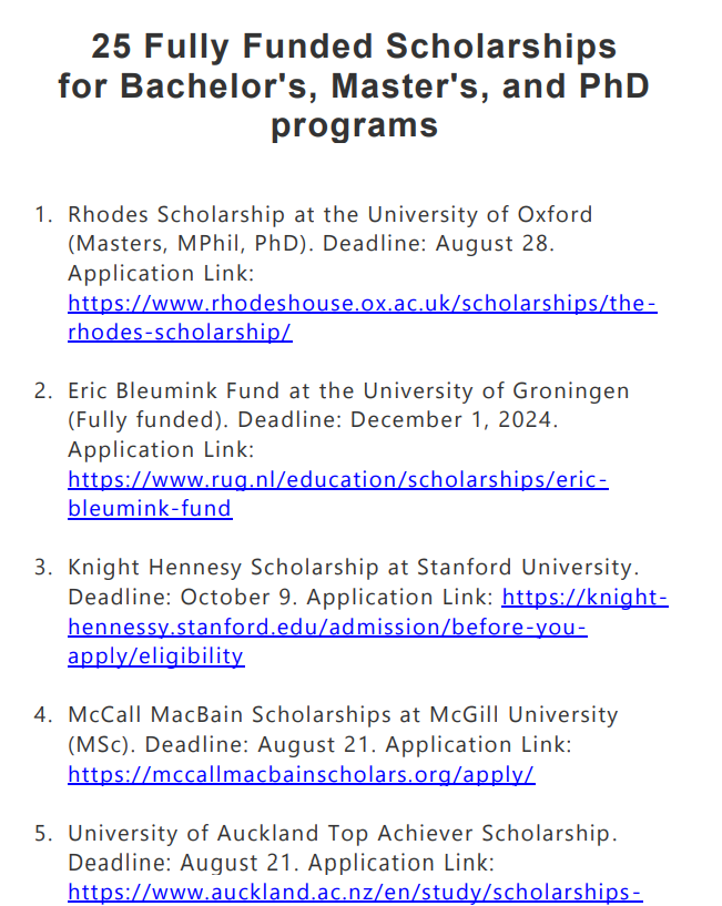 I just found a document containing 

25 Ongoing Fully Funded Scholarships for Bachelor's, Master's, and PhD programs and their deadline

OPEN for the link