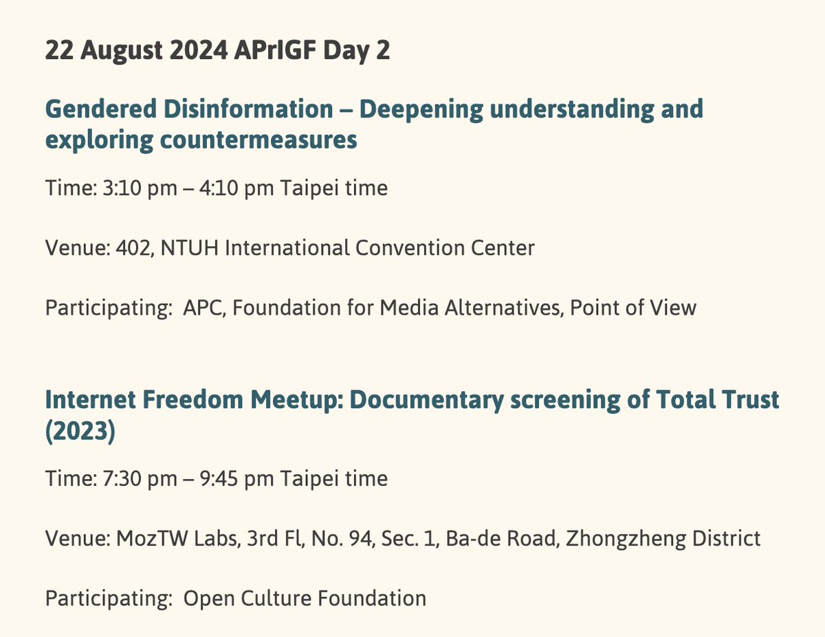 APC_News's tweet photo. Are you in Taiwan for #AprIGF?
Join us on #GenderedDisinformation, #InternetFreedom and more!
https://t.co/vsy5NYu2dt https://t.co/2WG20ITN92