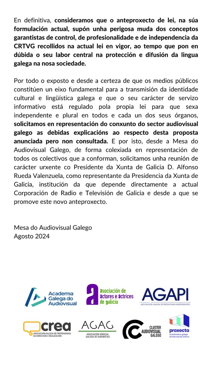 TuitsDaAAAG's tweet photo. O FUTURO DOS NOSOS MEDIOS PÚBLICOS

📢Comunicado das asociacións do sector audiovisual galego

@AcademiaGalegaA @AGAGuionistas @agapi_comunica @ClagAudiovisual @GaliciaCREA @proxecta_ https://t.co/KI2Rr8raQP
