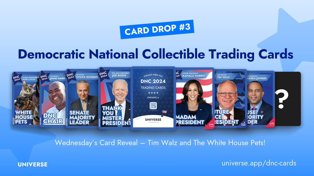 Day three means a new card reveal! Did you know there are special edition Tim Walz cards around the #DemConvention? And the Biden White House pet crew is featured too! If you’re looking for these illusive cards find us by joining our text blasts at universe.app/dnc-cards
