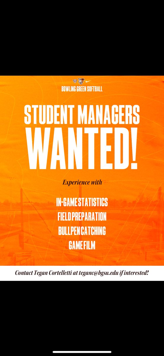 Attention #BGSU, we are looking for managers to join our team ‼️

If interested please email Tegan Cortelletti at Teganc@bgsu.edu 

MUST BE FULL-TIME STUDENTS