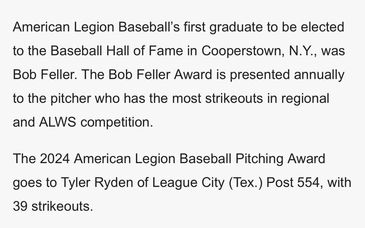 Congratulations to <a href="/Ryden_Tyler14/">Tyler Ryden</a> for winning the Bob Feller Award.