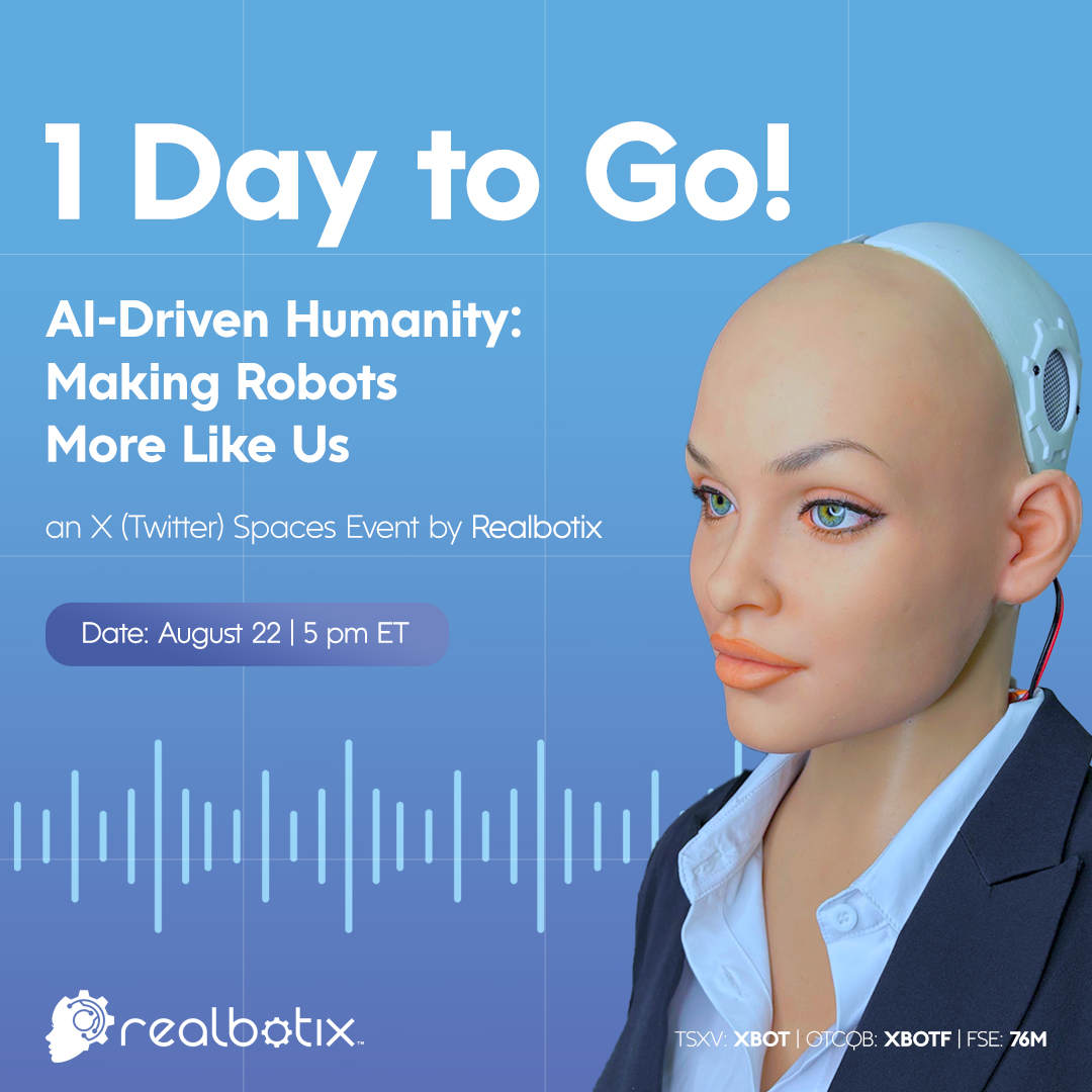 RealbotixCorp's tweet image. Tomorrow's the day! Our X Spaces event, 'AI-Driven Humanity: Making Robots More Like Us', kicks off tomorrow at 5 pm ET. Join $XBOT for a live discussion on AI-powered humanoid robots.

No need to register-- join us when we go live: loom.ly/NKcyzQw 

$XBOTF #76M $XBOT.V