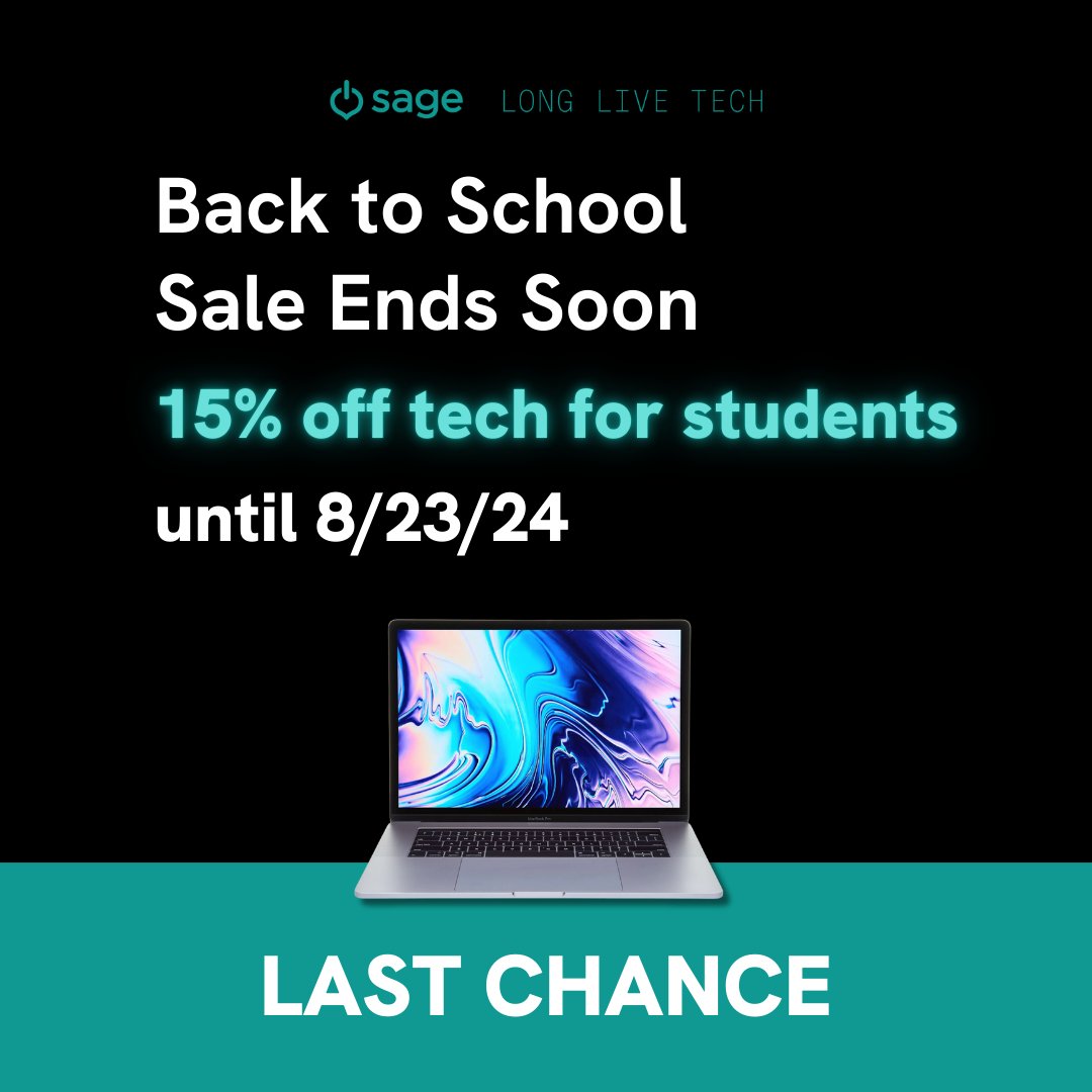 SageSE_ITAD's tweet image. ⏰ Last Chance Alert! ⏰
Don't miss out on our incredible Back to School Sale on tech for students! 🗓️ Sale Ends: 8/23/2024 at midnight.
Shop now: hubs.li/Q02JmtX70
#BackToSchoolSale #RefurbishedTech #StudentDeals #EcoFriendly #TechForStudents #SageSustainableElectronics