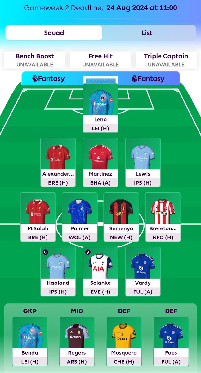 GeezaFpl's tweet photo. #FPL #GW2 🚾 active
©️ - Haaland
3️⃣ - #Threemium
🎉 - Vardy party
🍒 - Semenyo still dangerous on the wing
😇 - Brereton-Diaz OOP striker, playing more centrally than Armstrong
🌐 - Lewis 1 week punt, Davis to come in
🟤 - Rogers OOP
👺 - Not 💯% sold on Martinez
#FPLCommunity https://t.co/qbQpRnNWzM