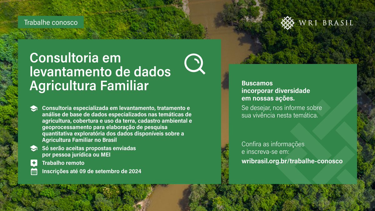 Estamos em busca de uma Consultoria Técnica em levantamento de dados da Agricultura Familiar.

Confira mais detalhes e inscreva-se em: wribrasil.org.br/trabalhe-conos…