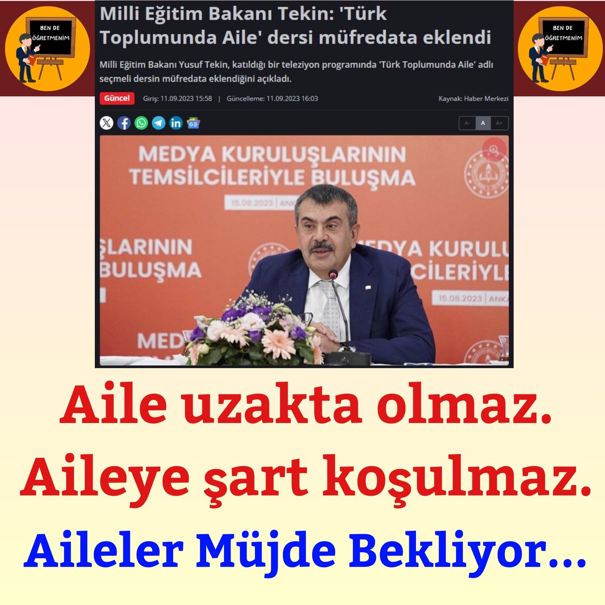 Aile uzakta olmaz.
Aileye şart koşulmaz.

Aileler Bakanlıktan Müjde Bekliyor...

@RtErdogan
<a href="/EmineErdogan/">Emine Erdoğan</a>
<a href="/Yusuf__Tekin/">Yusuf Tekin</a>
<a href="/_cevdetyilmaz/">Cevdet Yılmaz</a>
<a href="/tcmeb/">Millî Eğitim Bakanlığı</a>
<a href="/tcbestepe/">T.C. Cumhurbaşkanlığı</a>
<a href="/_aliyalcin_/">Ali YALÇIN</a> 

#BitsinBuCileMEB