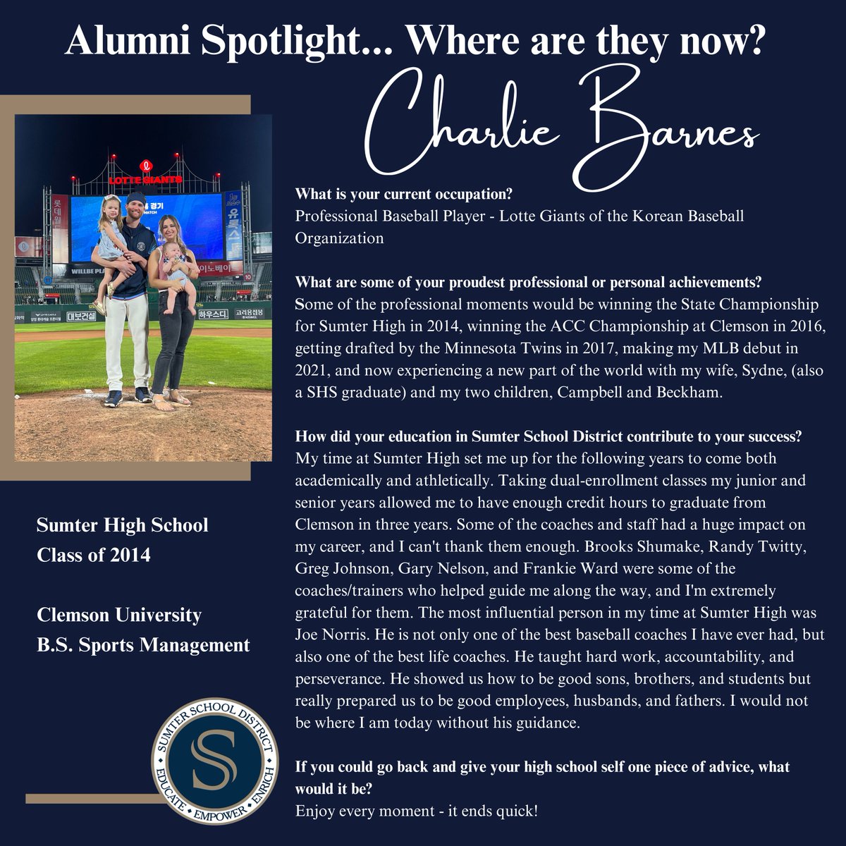 Sumter School Dist. (@sumterscschools) on Twitter photo Alumni Spotlight... Where are they now? Charlie Barnes, Sumter High School Class of 2014 #allinforssd #SSDAlumni <a href="/DrWrightSupt/">Dr. William T. Wright, Jr.</a> Alumni Spotlight... Where are they now? Charlie Barnes, Sumter High School Class of 2014 #allinforssd #SSDAlumni <a href="/DrWrightSupt/">Dr. William T. Wright, Jr.</a>