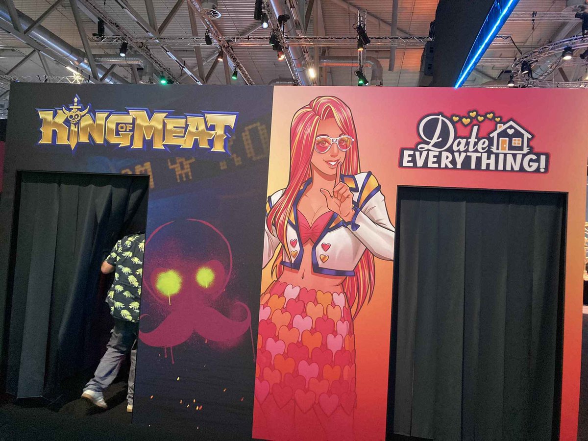 robbiedaymond's tweet photo. We’ve got livestreams, we’ve got press, we’ve got fan cosplays, we’ve got huge lines to play our demo AND we’ve got a semi-sketchy looking booth that vaguely resembles a peep show, lol. We got it all!!!  Date Everything! is officially at Gamescom! https://t.co/vOZ3UngmWU