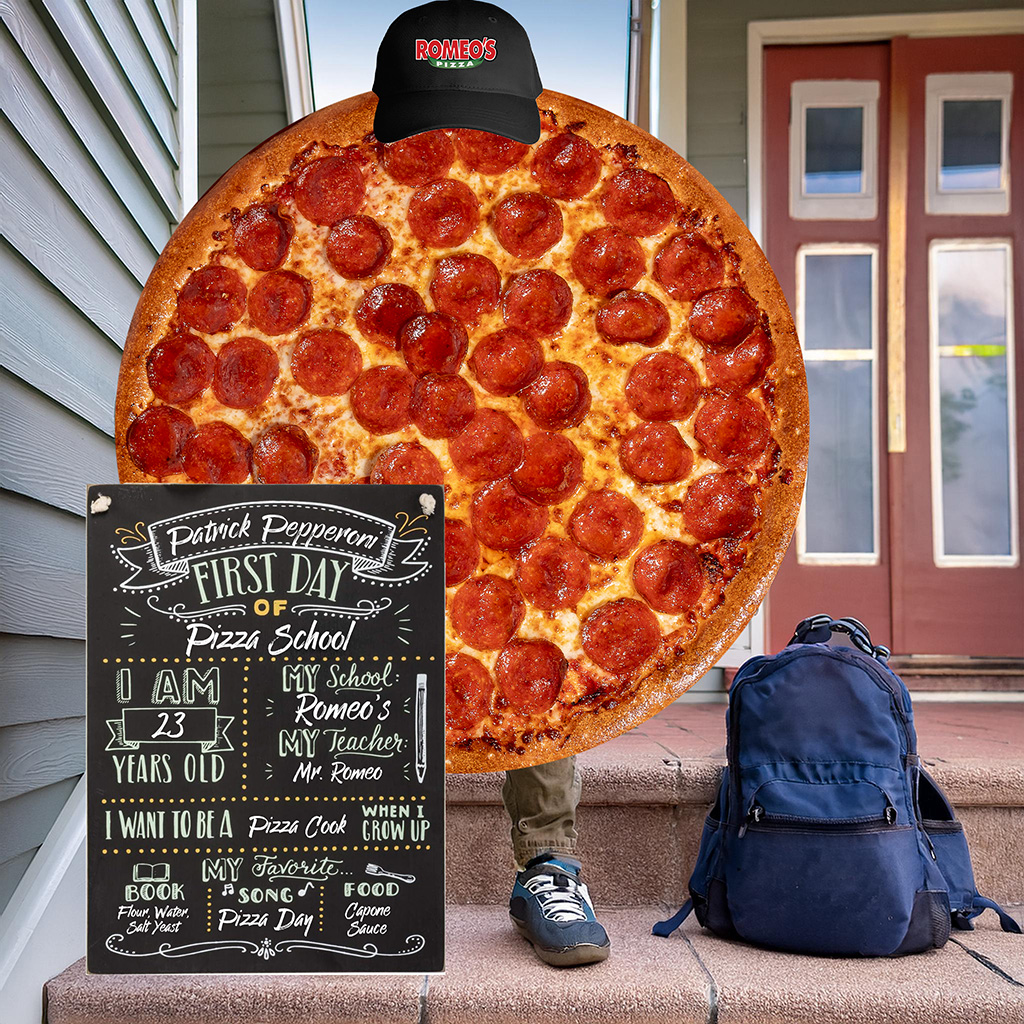 romeospizzacbus's tweet photo. A tearful morning for the Pepperoni family as Patrick posed for his first day of Pizza School. His parents snuck his favorite Capone Sauce into his backpack in case of homesickness. It seems like just yesterday he was a fresh dough. 🍕🥹 #BackToSchool #GrowingUpSoFast #PizzaPride https://t.co/vGrQNjpYgl