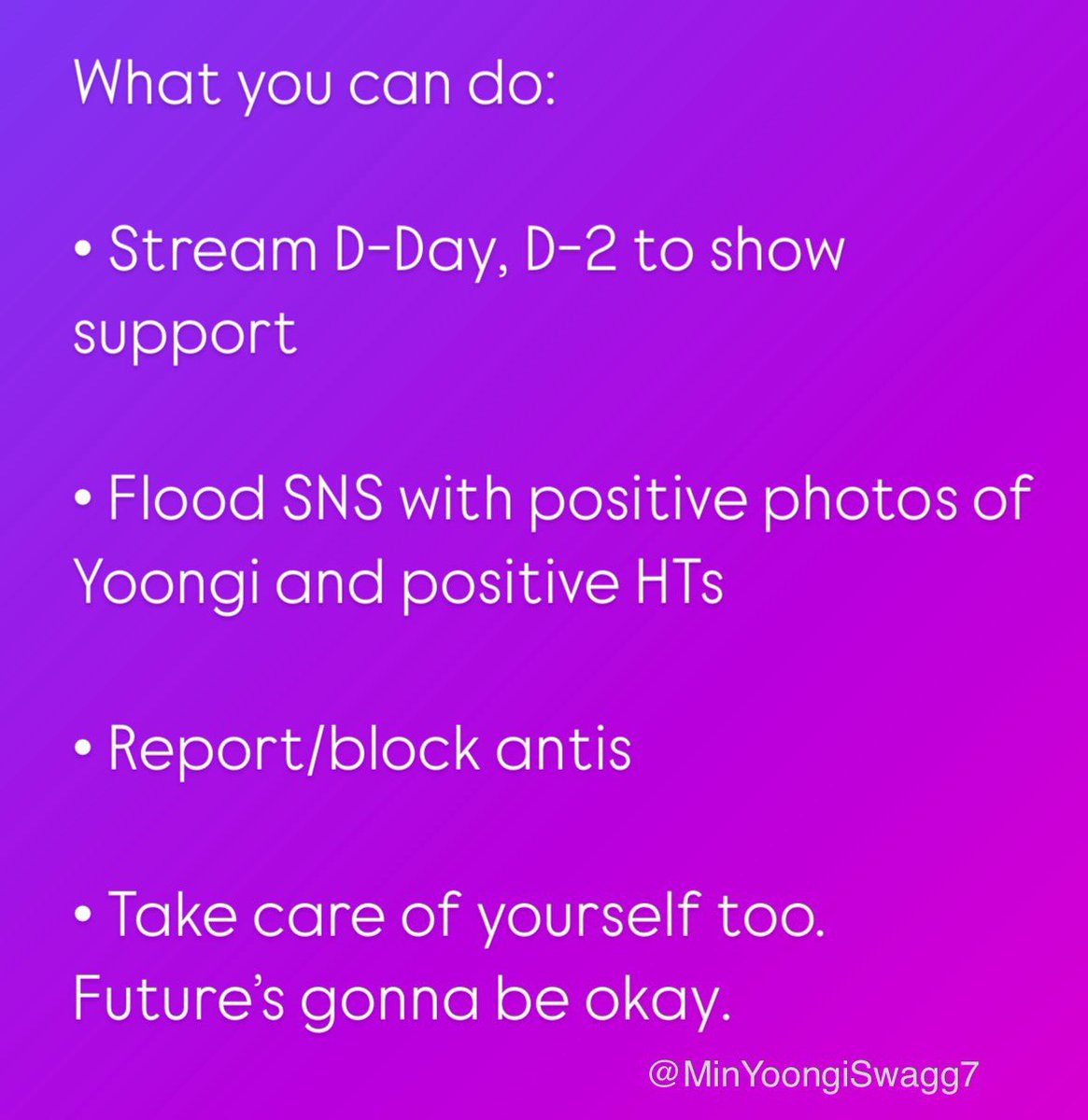 PR UPDATE: 

Please share these on all SNS ahead of tomorrow. 

#ARMYSheildsBTS 
#ARMYStandsWithSuga