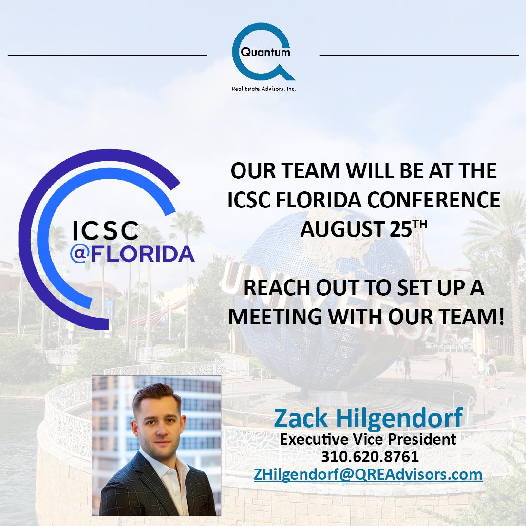 <a href="/ZackHilgendorf/">Zack Hilgendorf</a> is headed to Orlando next week for the <a href="/ICSC/">ICSC</a> Florida conference!

Zack would love to meet with you and discuss how he can assist with future opportunities. Reach out to Zack at ZHilgendorf@QREAdvisors.com for a meeting.

We're excited to see you there!

#QREA