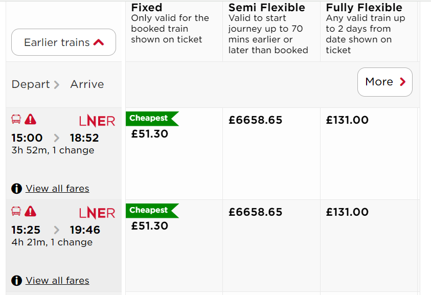 Hi <a href="/LNER/">London North Eastern Railway</a> I'm hoping this is a glitch with your website rather than genuine pricing (ticket from Morpeth to London King's Cross on 28 September)