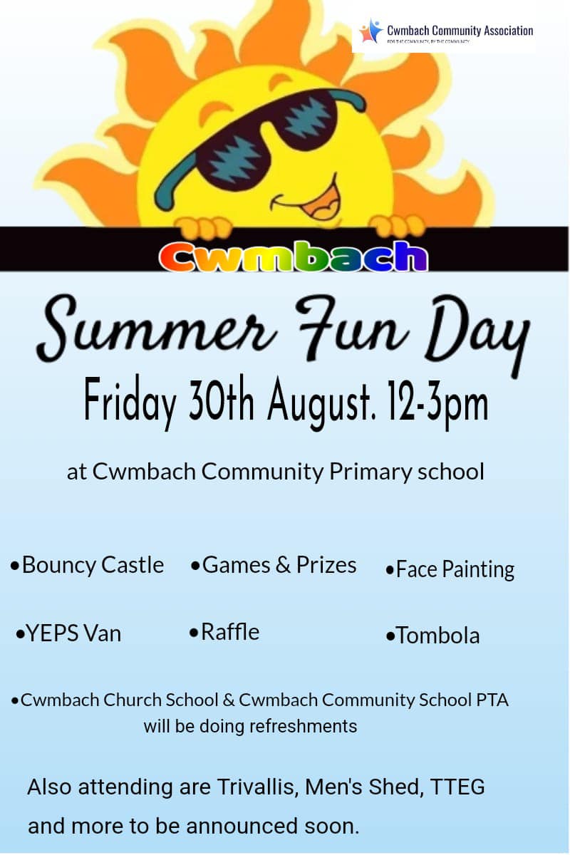 Just over a week until our Summer Fun Day! ☀️

Face Painting 🎨
Bouncy Castle 🏰
Tombola 🎟️
Raffles &amp; More 🔥

With <a href="/MensShedsCymru/">Men's Sheds Cymru</a>, <a href="/WeAreTrivallis/">Trivallis</a> and more!

30th August at Cwmbach Community School 12-3PM!
