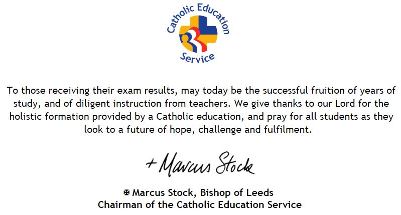 Best wishes to all students in Catholic schools awaiting GCSE results today! Here's a message from our chairman, Bishop Marcus Stock: