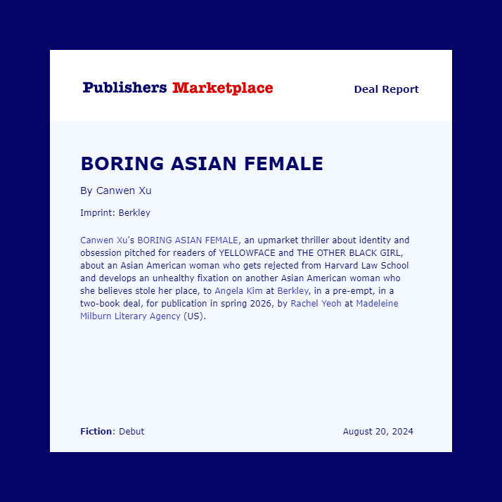 Rachel Yeoh (@rachel_yeoh) on Twitter photo I'm thrilled that BORING ASIAN FEMALE by <a href="/canwenxu/">Canwen</a> will be published by <a href="/angelakim_/">Angela Kim</a> at <a href="/BerkleyPub/">Berkley Publishing</a> after a very exciting pre-empt. It will also be published by Janice Zawerbny at <a href="/HarperCollinsCa/">HarperCollinsCa</a>. UK rights available, I will be submitting widely ahead of FBF! <a href="/MMLitAgency/">Madeleine Milburn Agency</a> 🌸🔪 I'm thrilled that BORING ASIAN FEMALE by <a href="/canwenxu/">Canwen</a> will be published by <a href="/angelakim_/">Angela Kim</a> at <a href="/BerkleyPub/">Berkley Publishing</a> after a very exciting pre-empt. It will also be published by Janice Zawerbny at <a href="/HarperCollinsCa/">HarperCollinsCa</a>. UK rights available, I will be submitting widely ahead of FBF! <a href="/MMLitAgency/">Madeleine Milburn Agency</a> 🌸🔪