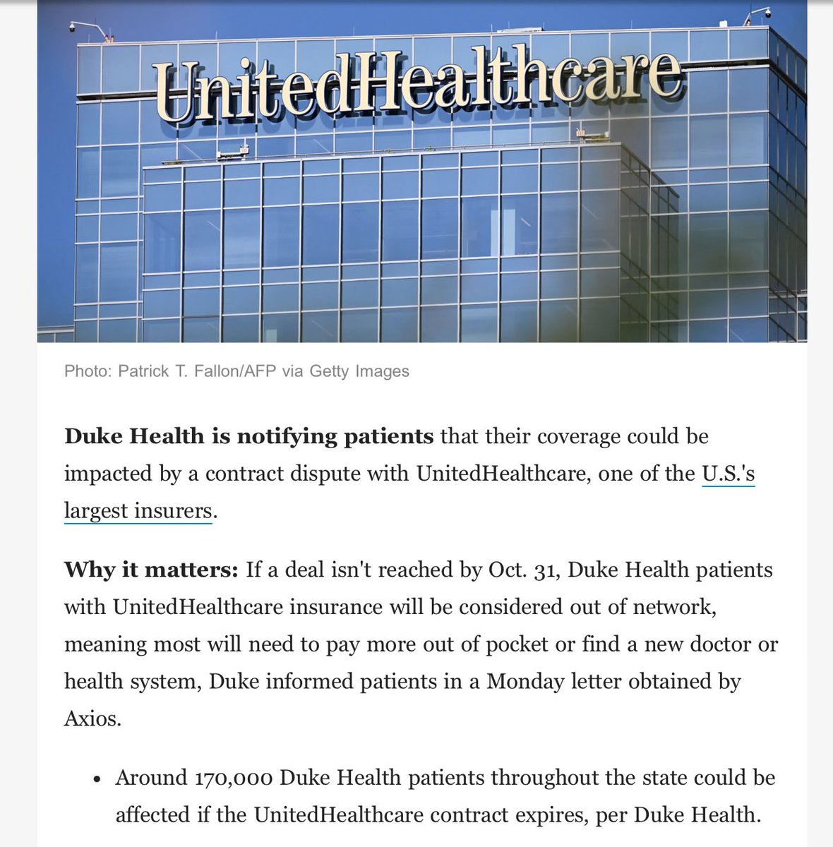 BethWaldron's tweet photo. Here we go again in NC. Duke notified 170,000 patients they may go out of network with United Healthcare. Earlier, the UHC contract with UNC was reached just 4 days before expiration, Wake Med  months after going out of network. Patients deserve better. https://t.co/iwZ3xTsG4x