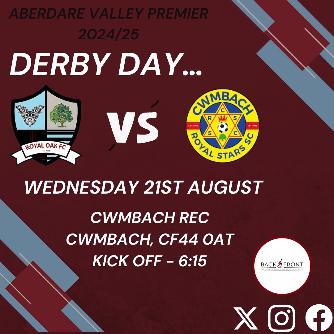 Royal Oak FC (@royal_oakfc) on Twitter photo Tonight the boys take on <a href="/CwmbachRS/">Cwmbach Royal Stars SC</a> in our 3rd game of the season, as we look to follow up on our previous results we would appreciate any support to push the boys forward
📅 Wednesday 21st August
📍Cwmbach Rec, CF44 0AT
⏰ 6:15 Kick Off
Sponsorsed by <a href="/Back2FrontPhys/">Back2Front Physio</a> Tonight the boys take on <a href="/CwmbachRS/">Cwmbach Royal Stars SC</a> in our 3rd game of the season, as we look to follow up on our previous results we would appreciate any support to push the boys forward
📅 Wednesday 21st August
📍Cwmbach Rec, CF44 0AT
⏰ 6:15 Kick Off
Sponsorsed by <a href="/Back2FrontPhys/">Back2Front Physio</a>