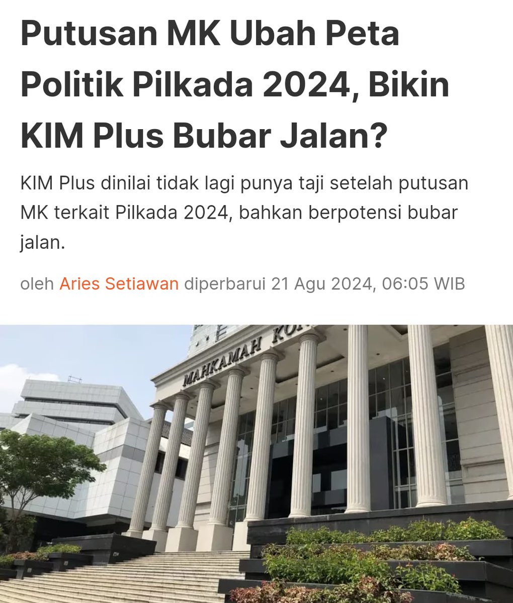 Leonita_Lestari's tweet photo. PUTUSAN MK MEMANG FINAL DAN MENGIKAT
.
.
.

“Apakah PDIP dapat mencalonkan wakil nya atas putusan MK terbaru di pilgub Jakarta?”

Tidak. 

“Kenapa?”

PDIP masih terkena aturan harus memenuhi syarat 20%. 

“Bukankah putusan terbaru hanya butuh 7,5%?”

Aturan terbaru 10%, 8,5%, 7,5% dan 6,5% itu hanya untuk partai non parlemen atau partai yang tidak memiliki kursi di parlemen. Dan PDIP adalah partai masuk parlemen karena memperoleh 850.174 suara atau 14,01% suara sah dalam Pileg DPRD DKI 2024. 

Berikut bunyi Pasal 40 ayat 1 yang telah diubah oleh MK :

(1) Partai Politik atau gabungan Partai Politik yang memiliki kursi di DPRD dapat mendaftarkan pasangan calon jika telah memenuhi persyaratan perolehan paling sedikit 20% (dua puluh persen) dari jumlah kursi Dewan Perwakilan Rakyat Daerah atau 25% (dua puluh lima persen) dari akumulasi perolehan suara sah dalam pemilihan umum anggota DPRD di daerah yang bersangkutan.

Artinya, posisi keikutsertaan PDIP masih sama dengan aturan lama dan hanya dimungkinkan bila partai itu memiliki teman koalisi untuk mencapai persyaratan batas minimal.

“Trus apa gunanya putusan itu?”

Sekali lagi, putusan itu tertuju pada partai non parlemen. Dan itu diatur dalam pasal 40 ayat 2 yang berbunyi berbunyi sbb :

(2) Partai politik atau gabungan partai politik yang tidak memiliki kursi di DPRD Provinsi dapat mendaftarkan calon Gubernur dan calon Wakil Gubernur dengan ketentuan:

a. Provinsi dengan jumlah penduduk yang termuat pada daftar pemilih tetap sampai dengan 2.000.000 (dua juta) jiwa, partai politik atau gabungan partai politik peserta pemilu harus memeroleh suara sah paling sedikit 10% (sepuluh persen) di provinsi tersebut

b. Provinsi dengan jumlah penduduk yang termuat pada daftar pemilih tetap lebih dari 2.000.000 (dua juta) jiwa sampai 6.000.000 (enam juta) jiwa, partai politik atau gabungan partai politik peserta pemilu harus memeroleh suara sah paling sedikit 8,5% di provinsi tersebut

c. Provinsi dengan jumlah penduduk yang termuat pada daftar pemilih tetap lebih dari 6.000.000 (enam juta) jiwa sampai 12.000.000 (dua belas juta) jiwa, partai politik atau gabungan partai politik peserta pemilu harus memeroleh suara sah paling sedikit 7,5% di provinsi tersebut

d. Provinsi dengan jumlah penduduk yang termuat pada daftar pemilih tetap lebih dari 12.000.000 (dua belas juta) jiwa, partai politik atau gabungan partai politik peserta pemilu harus memeroleh suara sah paling sedikit 6,5% di provinsi tersebut
.
.