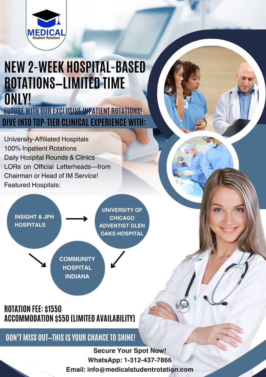 Unlock Your Medical Future with Our Exclusive Inpatient Rotations! 🌟

Ready to elevate your clinical skills? Don’t miss out on our new 2-week hospital-based rotations at top university-affiliated hospitals!