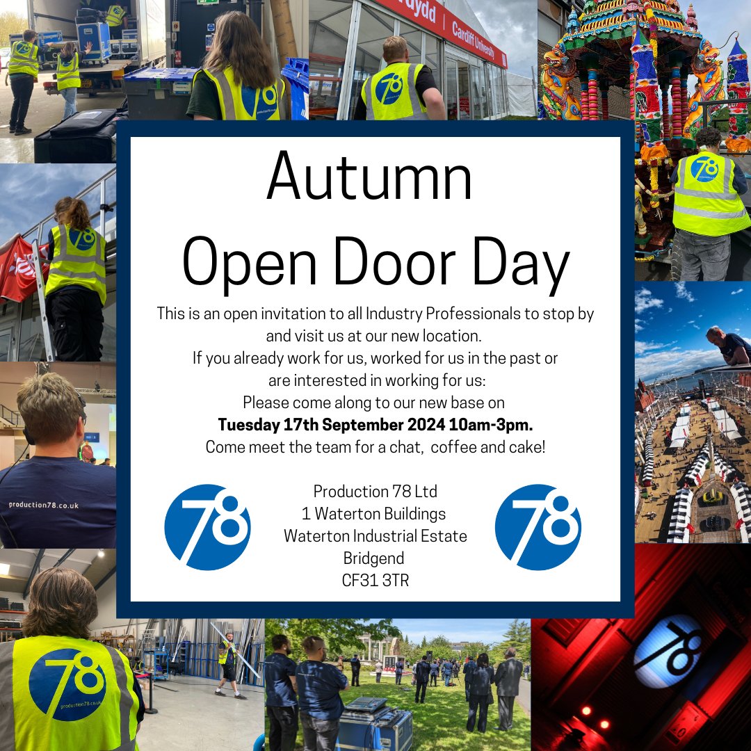 Open Door Day!  

Call out to all Industry Professionals to stop by and visit our new location. 
If you already work for us, worked for us in the past or are interested in working for us:
Come along on 
Tuesday 17th September 2024 10am-3pm.
#ProEvents #Pro78 # OpenDoorDay