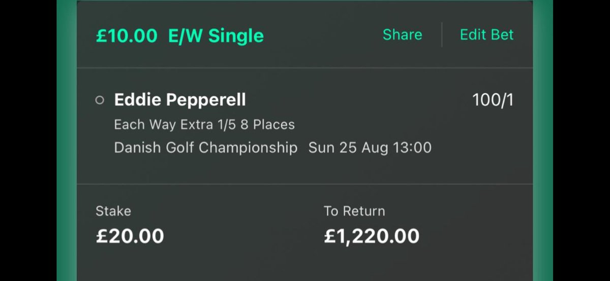 TheCaddy18's tweet image. 🚨This week’s FREE tip &amp;amp; bet giveaway to win the Danish Golf Championship 🇩🇰 is Steady Eddie Pepperell at 100/1 EW 🏆
💰For a chance to win the £1220 below ⬇️ just follow, like, retweet ❤️
Good luck as always everyone🤞⛳️