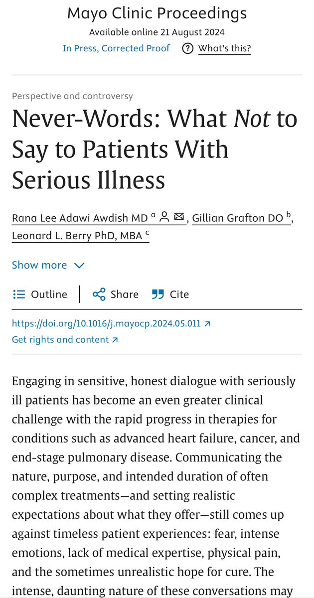 RanaAwdishMD (@ranaawdish) on Twitter photo My friends and I think a lot about what language to use with seriously ill patients and how it impacts healing. Sometimes we write about it for <a href="/MayoProceedings/">Mayo Clinic Proceedings</a> ❤️🩹<a href="/ProfLenBerry/">Leonard Berry</a> <a href="/gfgrafton/">Gillian Grafton</a>
Never-Words: What Not to Say to Patients With Serious Illness sciencedirect.com/science/articl… My friends and I think a lot about what language to use with seriously ill patients and how it impacts healing. Sometimes we write about it for <a href="/MayoProceedings/">Mayo Clinic Proceedings</a> ❤️🩹<a href="/ProfLenBerry/">Leonard Berry</a> <a href="/gfgrafton/">Gillian Grafton</a>
Never-Words: What Not to Say to Patients With Serious Illness sciencedirect.com/science/articl…