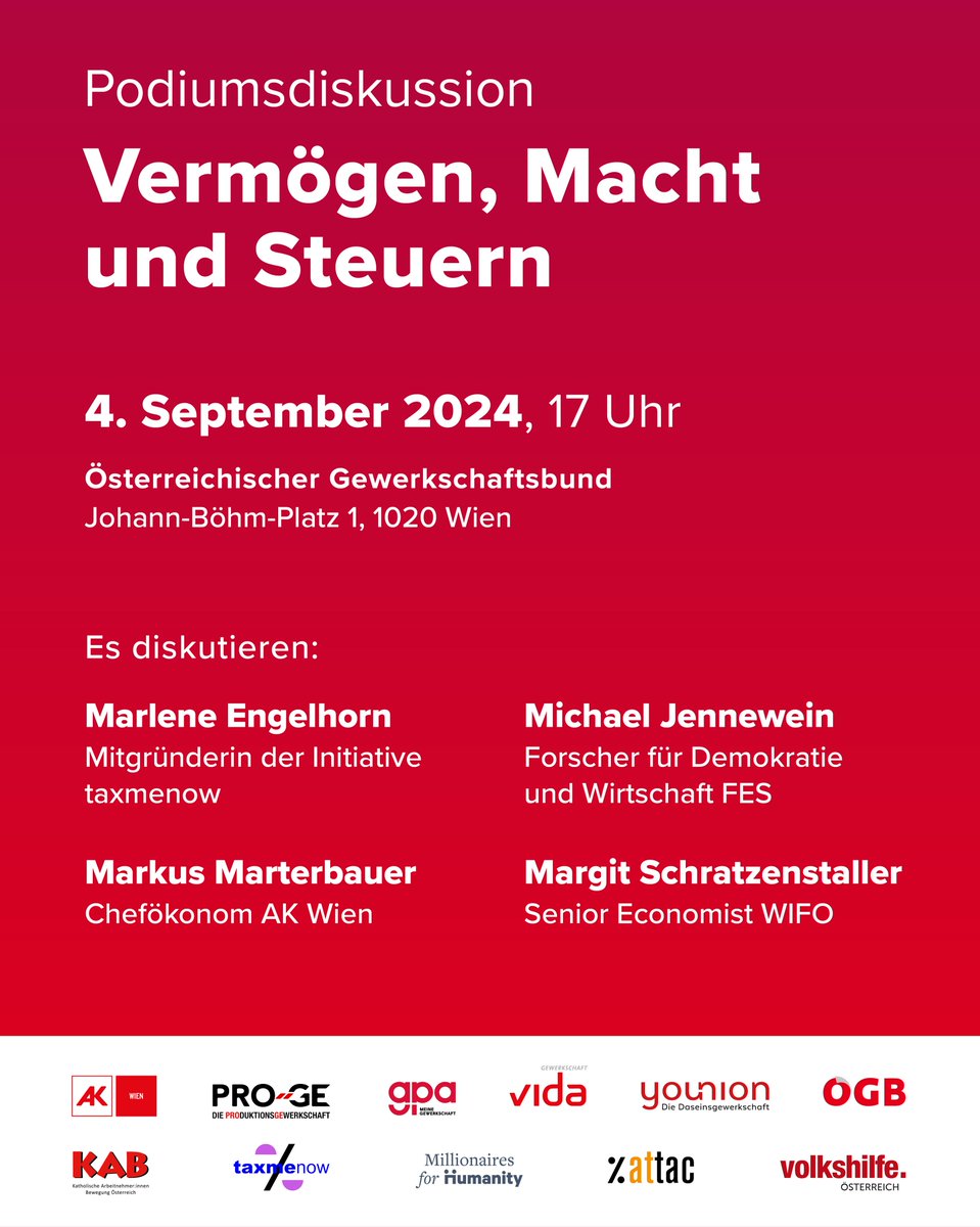 💰Steuern sind ein wichtiger Baustein für unseren Sozialstaat - in Ö werden 80% der Steuerbeiträge durch Arbeit und Konsum erhoben, während Vermögende kaum einen Beitrag leisten. Lasst uns am 4.9. gemeinsam darüber diskutieren! 
Um Anmeldung wird gebeten:
oegb.at/themen/soziale…