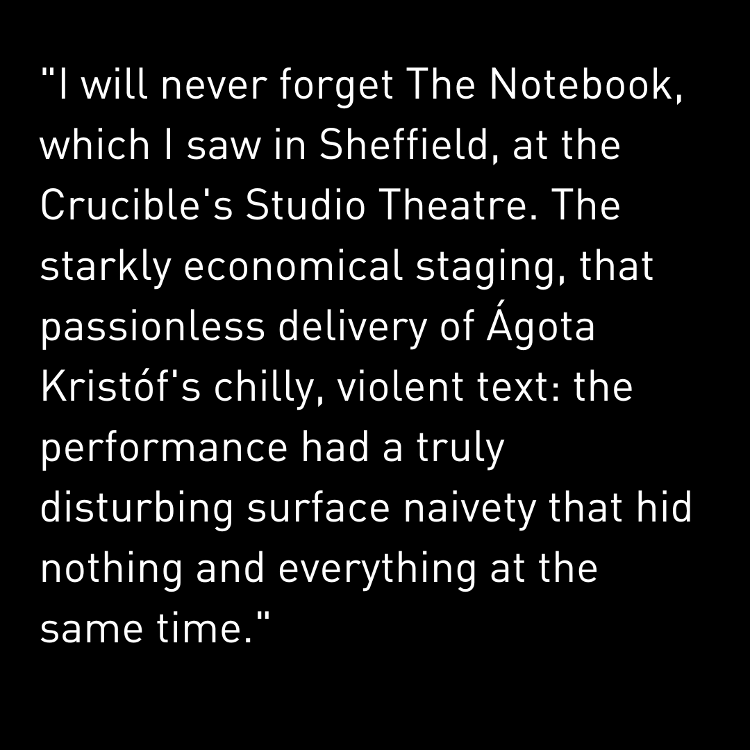 ForcedEnts's tweet photo. This #FERecall focuses on The Notebook, a two-hander featuring Richard Lowdon and Robin Arthur, based on the award winning novel by Ágota Kristóf. @FrancesBabbage, Forced Entertainment Board Member,  remembers the disconcerting power of the show.

https://t.co/p82xxM1SBS
#fe40 https://t.co/ozmh8T7gbs