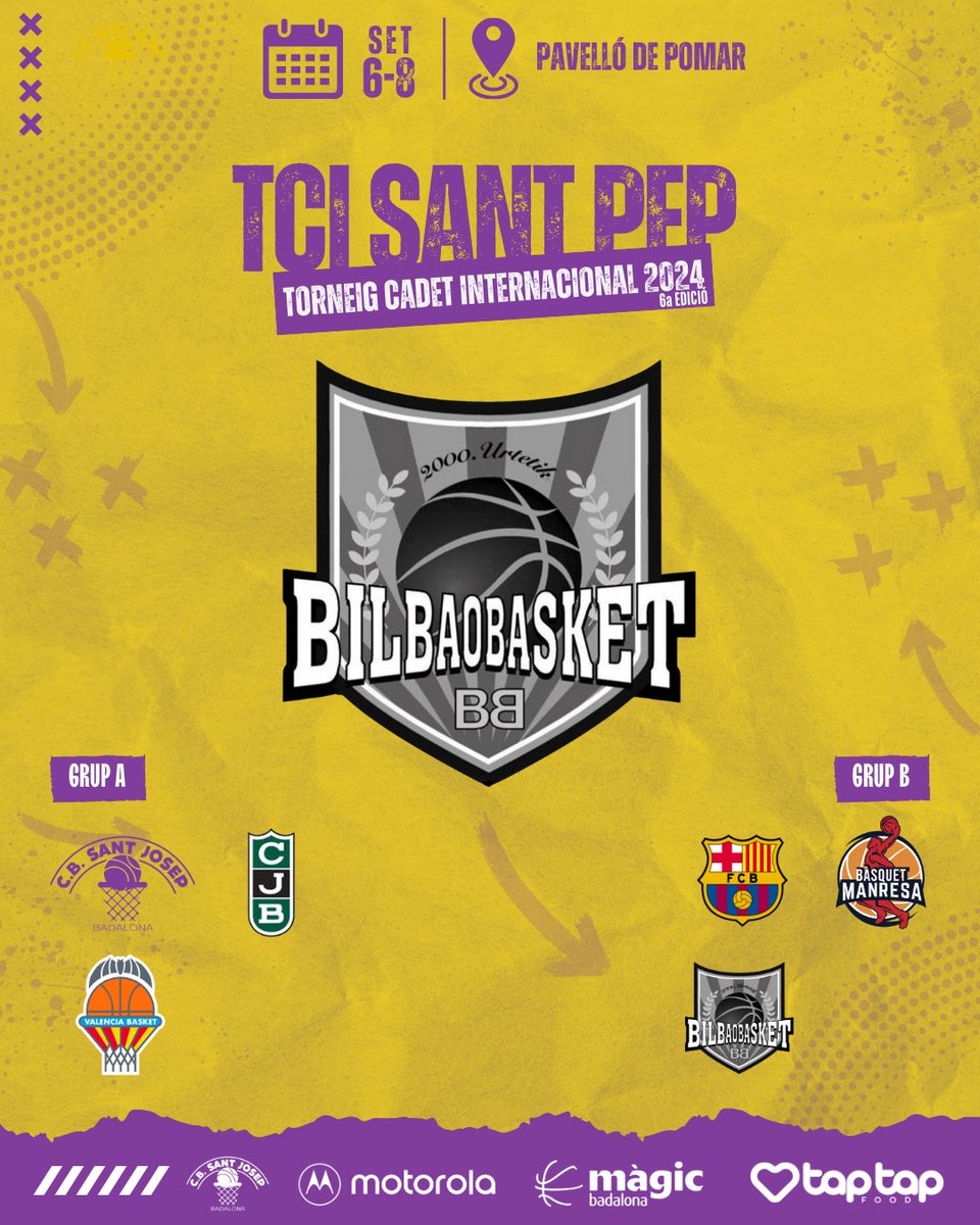 🚨 EQUIPS PARTICIPANTS TCI SANT PEP 2024 🚨

El Bilbao Basket també confirma la seva presència al TCI per primera vegada. Un altre equip 🔝 ACB que aposta pel nostre torneig per posar a punt al seu cadet A.
2/2