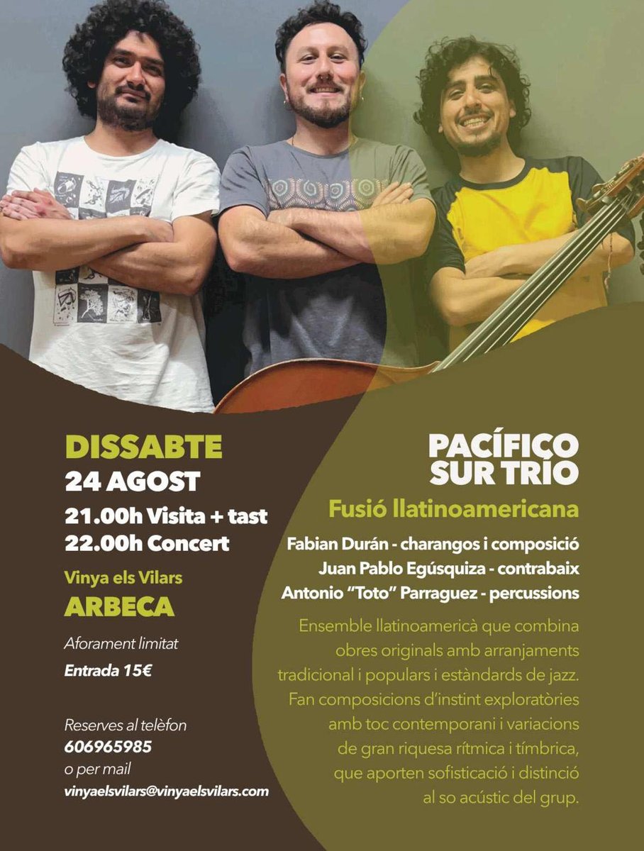 Consell Comarcal de les Garrigues (@ccgarrigues) on Twitter photo 🎶🌟 Dissabte 24 d'agost, el #Garriguitar clou a Arbeca amb Pacífico Sur Trio! 21.00 h visita i tast, 22.00 h concert a la Vinya els Vilars. Aforament limitat, entrada 15€. Reserves al 606965985 o vinyaelsvilars@vinyaelsvilars.com 🎼✨ 🎶🌟 Dissabte 24 d'agost, el #Garriguitar clou a Arbeca amb Pacífico Sur Trio! 21.00 h visita i tast, 22.00 h concert a la Vinya els Vilars. Aforament limitat, entrada 15€. Reserves al 606965985 o vinyaelsvilars@vinyaelsvilars.com 🎼✨