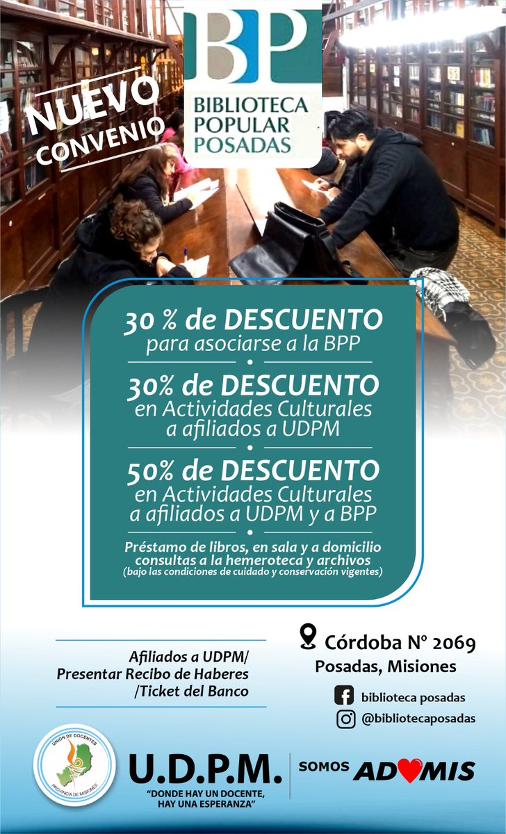 Entre la UDPM representada por <a href="/grillo141/">Ruben Dario</a> miembros de CD y la biblioteca Popular Posadas, firmaron un  CONVENIO DE SERVICIO en el marco de las acciones que viene desarrollando la UDPM.