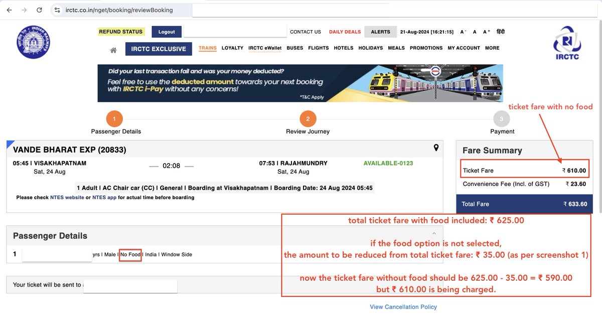 Did anyone anytime observe this strange thing
this is in <a href="/IRCTCofficial/">IRCTC</a> website while a booking reservation in #vandebharatexpress. This is regarding the mismatch in catering charges being levied
-fare with food
-fare without food
<a href="/IRCTCofficial/">IRCTC</a> any thoughts on this?