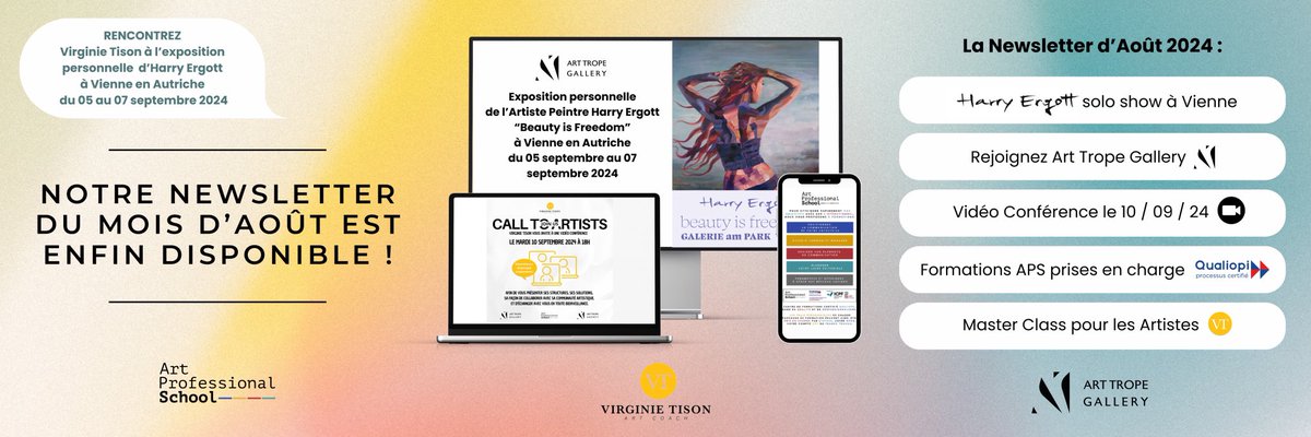 [ #ArtCoach #ArtTropeGallery #Newsletter ]
•
La Newsletter d'Août est disponible ! 📩
•
🎨Plongez dans l'univers de l’Artiste peintre <a href="/ErgottHarry/">Harry Ergott</a> !
•
🎥 Vidéo conférence exclusive avec <a href="/VirginieTison/">Virginie Tison</a> ! 
•
🚀 Découvrez Art Coach et <a href="/ArtProSchool/">ArtProfessionalSchool</a> !
•
🔗bit.ly/3MaNtHo