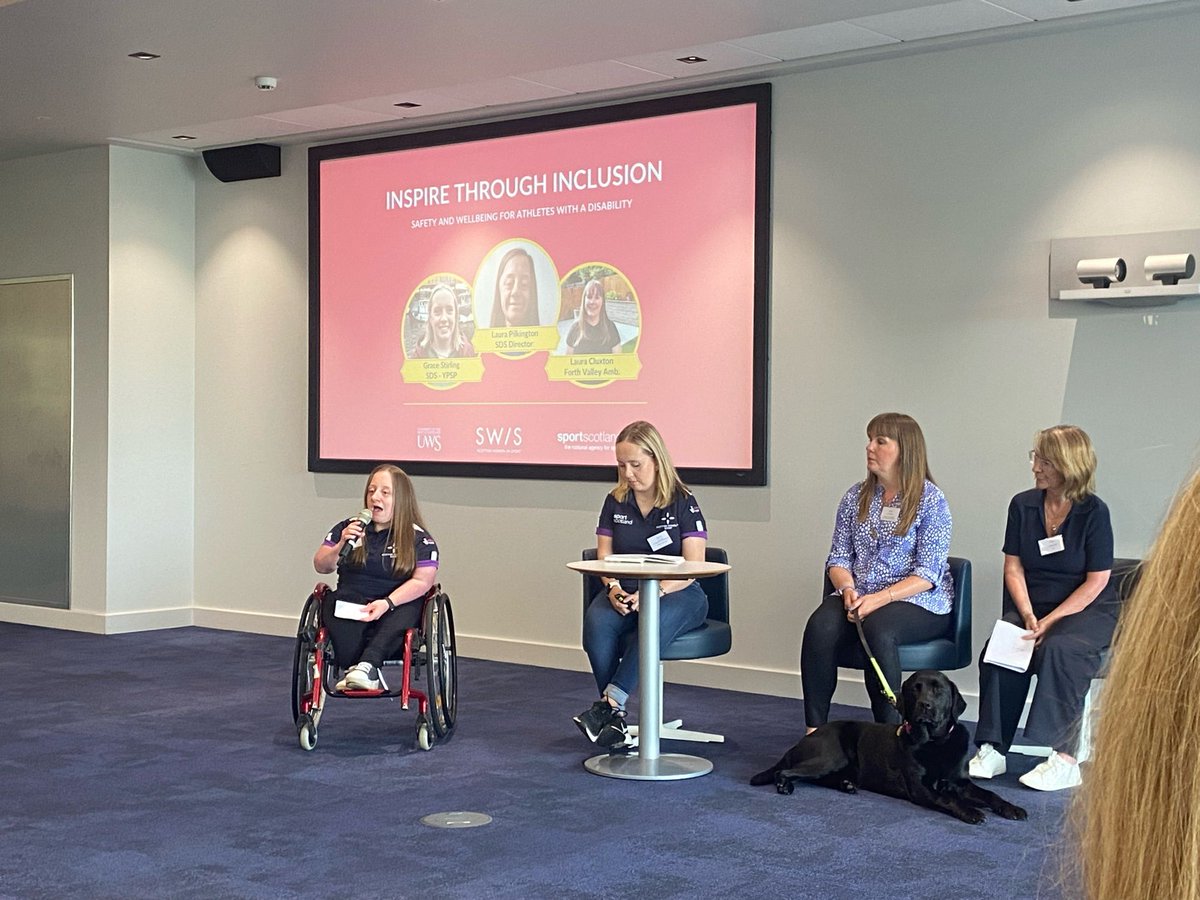 Rounding off the morning with our disability sport panel 🎤

Grace Stirling &amp; Laura Cluxton discuss their experiences &amp; how we can promote wellbeing

✨ Focus on ability
✨ Educate
✨ Feeling safe = better performance
✨ Small changes make a big difference

#SWISConf <a href="/SDS_sport/">Scottish Disability Sport</a>