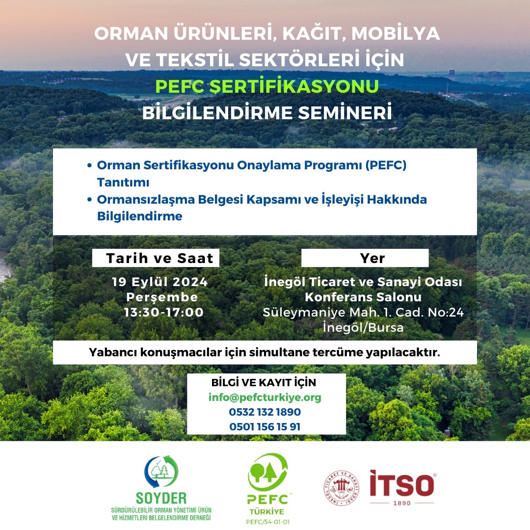Ormansızlaşma ve sürdürülebilir orman yönetimi konusunda farkındalığınızı artırmak ister misiniz? 

PEFC (Orman Sertifikasyonu Onaylama Programı) hakkında bilgi sahibi olmak ve ormansızlaşma belgesi kapsamını öğrenmek için sizi bu özel seminere davet ediyoruz.

<a href="/inegoltso/">İnegöl TSO</a>
