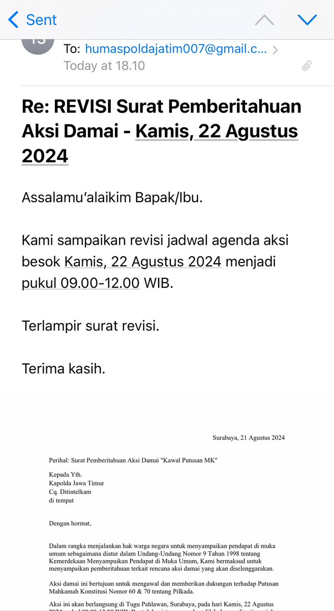 thanthowy's tweet image. Bismillah. Saya besok aksi.

🗓️: Kamis, 22 Agustus 2024
⏱️: 09.00-12.00 WIB
📍: Tugu Pahlawan Surabaya
👕: Dresscode hitam-hitam

Surat pemberitahuan aksi sudah saya kirim ke @HumasPoldaJatim 

Narahubung: @thanthowy 

#KawalPutusanMK
#LawanPolitikDinasti
#TolakPilkadaAkal2an