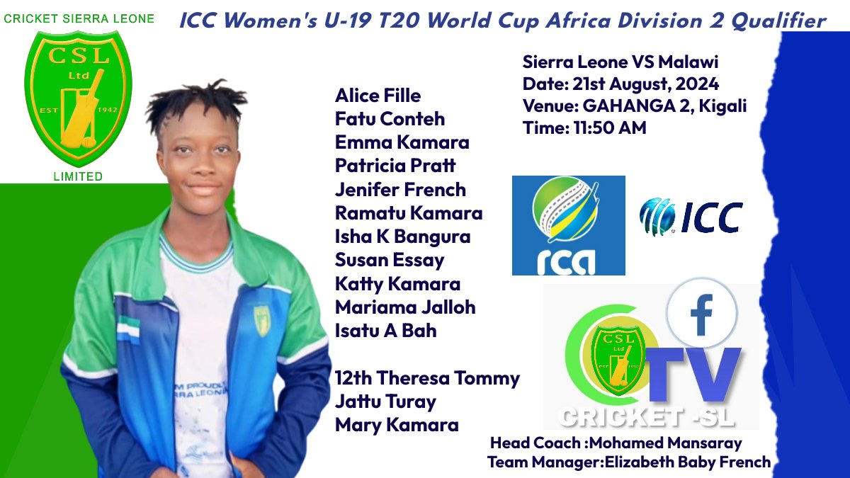 CricketSL1942's tweet photo. Sierra Leone Under-19 Women's Cricket Team is set to take on Malawi today in Kigali in the ICC Women's U-19 T20 World Cup Africa Division 2 Qualifier...
#Sierra Leone U19 Women's#U19AfricaWomen'sWCQualifiers#CricketSL1942#RwandaCricket https://t.co/TVRSKAg2WV