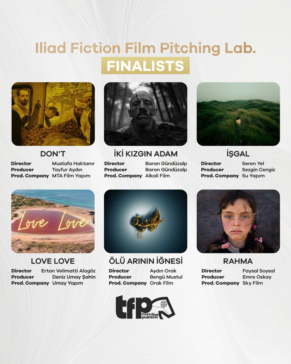 İlyada Kurmaca Film Pitching Lab. kategorisinde finale kalan altı proje yarışacak! 🌟
--
Six finalist projects will compete in the Iliad Fiction Film Pitching Lab. 🌟

#TroyaFilmPlatform #PitchingLab #İlyadaKurmacaFilmPL #İKFPL2024 #Finalistler #Finalists