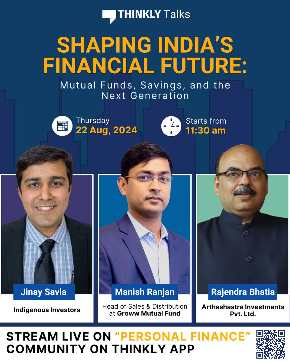 mythinkly's tweet image. Master the money game with insights from pros!🚀
@manishranjan15 (@Growwamcltd), @JinaySavla1 &amp;amp; Rajendra Bhatia (@ArthashastraInv) are here to guide you through the financial maze. Join LIVE tomorrow @ 11:30 am.  

Link - bit.ly/3Ax93U9

#thinklytalks #finance #podcast