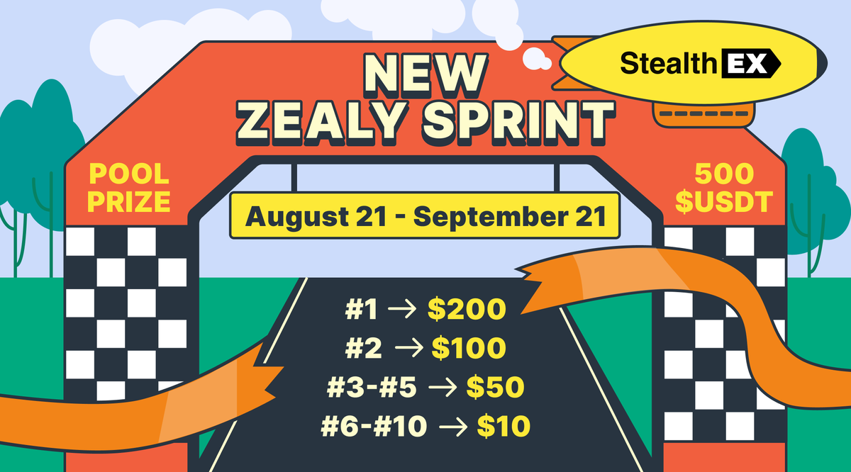 StealthEX_io's tweet photo. The next Zealy Sprint with $500 prize pool is live! 📣

Become https://t.co/xt93ooWn6B ambassador &amp; get a chance to earn #crypto 💰

Complete our tasks on the platform and gain $USDT

#1 $200
#2 $100
#3-5 $50
#6-10 $10

Join us August 21st - September 21st
https://t.co/aIAZkkbXHA https://t.co/C65ZPMUAmL