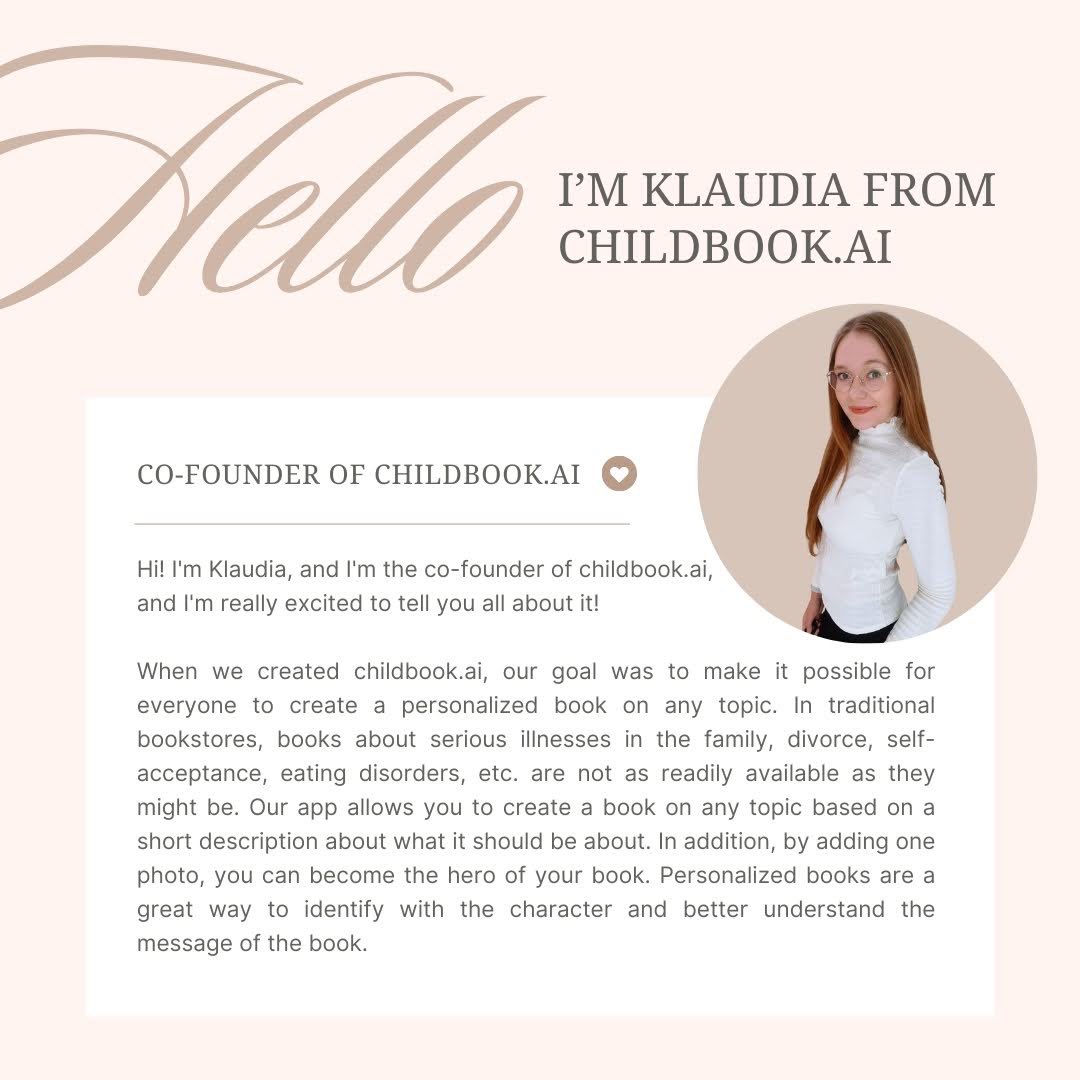 ClaudiaKWJ's tweet image. About me and my app childbook.ai. 🤓

 #ai #aibook #bookcreator #aiapps #personalizedbook #ainews #womenintech #buildinpublic #workingmom #technologyinnovation #bussinesgrowth #bussinesswoman #aiinbusiness #aboutme