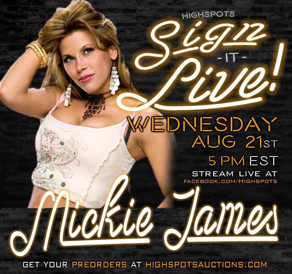 Highspots.com (@highspots) on Twitter photo Tonight! We have the amazing <a href="/MickieJames/">Mickie James~Aldis</a> in studio for a live signing. Preorders at highspotsauctions.com Tonight! We have the amazing <a href="/MickieJames/">Mickie James~Aldis</a> in studio for a live signing. Preorders at highspotsauctions.com