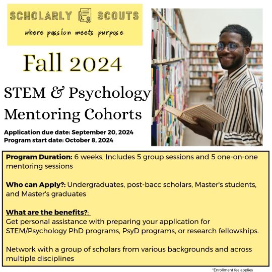 <a href="/ScholarlyScouts/">Scholarly Scouts™️</a> is now accepting for our STEM &amp; Psychology cohort! Elevate your chances of getting into top PhD programs with our specialized support. Join now and unlock a world of opportunities! #PhD #biomedical #psychology #admissionsupport 

form.jotform.com/Edgerton_Mia/f…